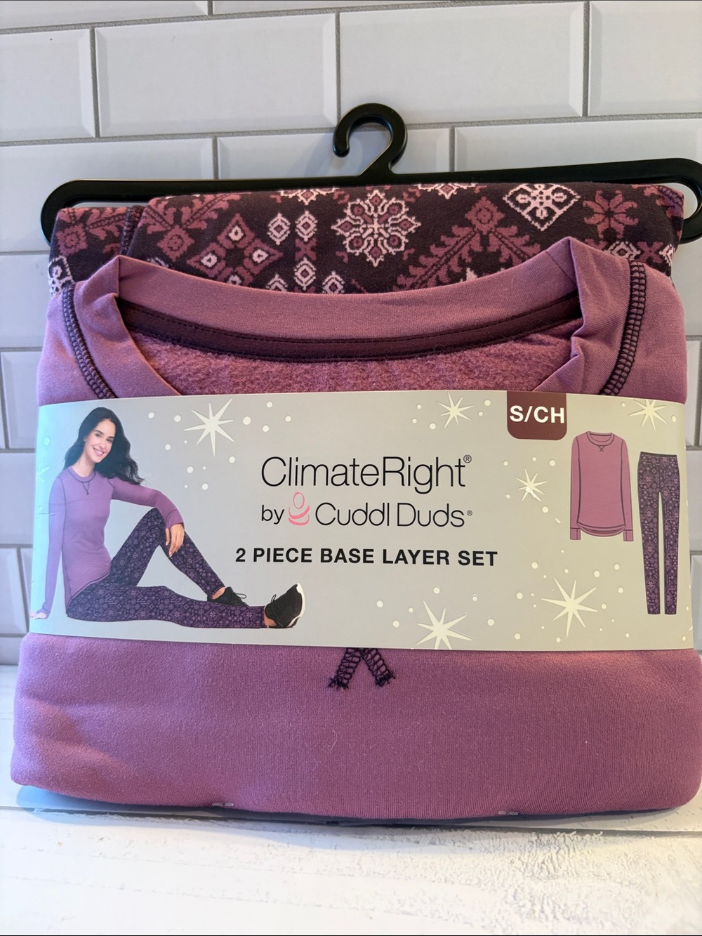 Cuddl Duds ClimateRight 2-Piece Base Layer Set in Mauve and Patterned Purple